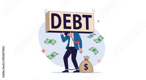 Stressed businessman chained to a money bag and crushed under the weight of a giant block labeled 'DEBT' with money flying around.
