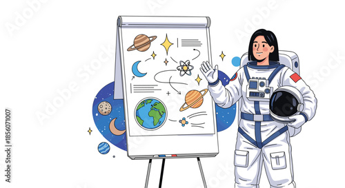 Female astronaut in a spacesuit presenting a flight plan to different planets and stars on a flip chart in a space-themed illustration.