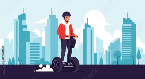 Young smiling man in a helmet and casual clothes riding a self-balancing electric scooter through a modern city with skyscrapers.