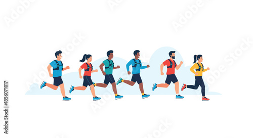 Diverse group of male and female runners participating in a marathon or jogging together, wearing hydration packs and athletic gear.