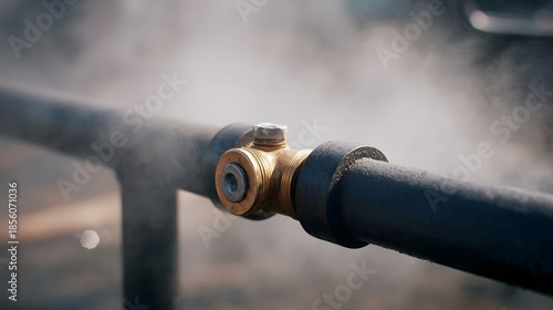 Close up of a brass fitting on an industrial pipe releasing steam with atmospheric mist