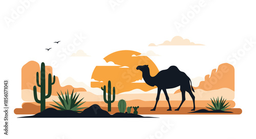 Silhouette of a camel walking through a vast desert landscape at sunset, with cacti, mountains, and birds in the background.