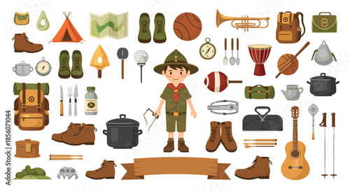 Large collection of camping, scouting, and outdoor adventure equipment, including a boy scout character, tent, backpack, and hiking boots.