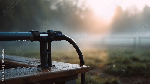 Misty morning sunlight illuminates a wet metal railing and hose creating a tranquil outdoor atmosphere