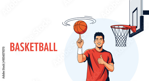 Smiling basketball player spinning a ball on his finger and giving a thumbs up, with a basketball hoop in the background.