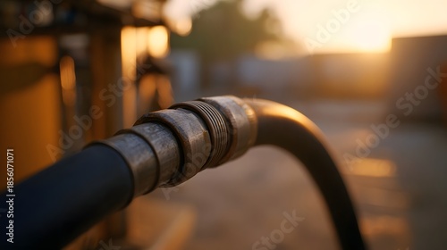 Close up of a worn industrial hose fitting against a blurred golden hour background