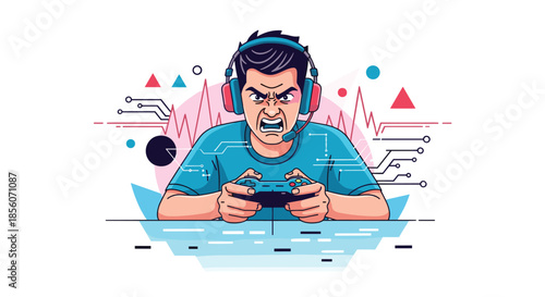 Angry and intense young man wearing headphones and playing a video game with a controller, surrounded by abstract tech graphics.