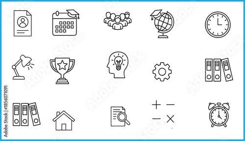 Set of 16 black line icons for education, organization, and academic productivity, ideal for vector illustration content