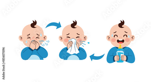 Three-step illustration showing a sick baby sneezing, using a tissue to blow its nose, and then feeling better while drinking.