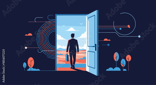 Businessman holding a briefcase walking through an open door from a dark, tech-themed room into a bright, hopeful natural landscape.