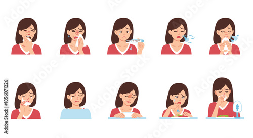 Set of a woman character showing various symptoms of a cold, flu, or allergies, such as sneezing, coughing, and taking her temperature.