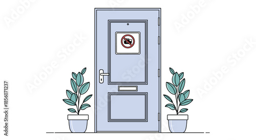 Closed blue door with a 'no camera' sign on it, flanked by two potted plants, indicating a private area where photography is forbidden.