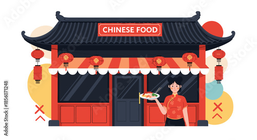 Friendly woman in a traditional cheongsam dress holding a plate of food in front of a Chinese food restaurant with classic architecture.