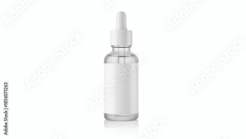 Clear glass dropper bottle with white label and cap, containing transparent liquid, isolated on a white background.