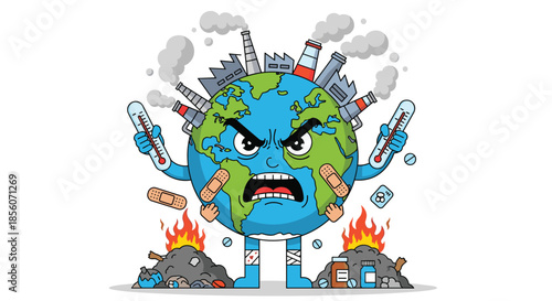 Angry and sick cartoon planet Earth character suffering from pollution, holding thermometers and standing on piles of trash and fire.