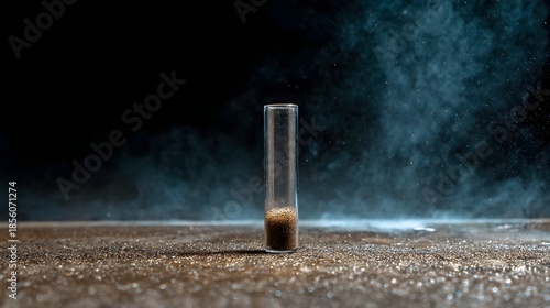 A clear test tube holds granular residue with atmospheric dust swirling around it in a dimly lit setting