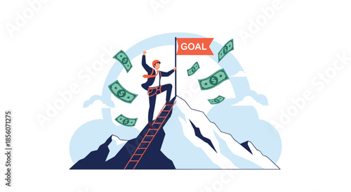 Successful businessman climbing a ladder to a mountain peak with a 'Goal' flag, as money rains down, symbolizing financial achievement.