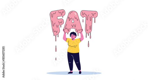 Unhappy overweight woman holding up the word 'FAT' which is melting, symbolizing the desire to lose weight and melt away fat.