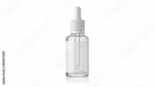 A clear, empty glass dropper bottle with a white cap and pipette on a white background.