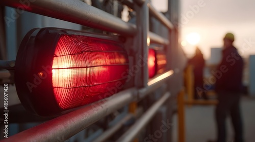 Close up of a bright red industrial warning light glowing warmly at sunset with blurred figures of workers visible in the distance