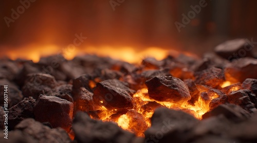 Close up view of glowing hot embers radiating intense heat and light