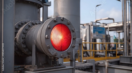Close up of a glowing red illuminated industrial pipe valve with bolts in an outdoor factory setting