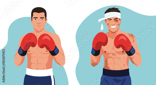 Before and after illustration of a boxer, showing him clean and ready to fight, and then bruised, bandaged, and smiling after the match.