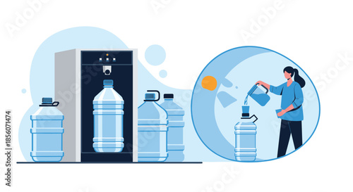 Office water cooler dispenser with large plastic bottles and an illustration of a woman pouring water from a jug to stay hydrated.