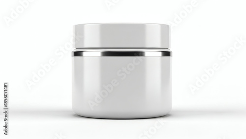 A sleek white cosmetic jar with a silver band around its neck, presented on a clean white background.