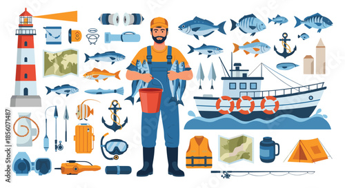 Large collection of fishing and sea-related items, including a fisherman character, a boat, various fish, and fishing equipment.