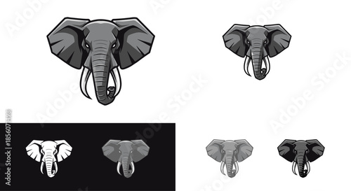 Powerful elephant head mascot logo design collection shown in various grayscale and monochrome styles for a sports or gaming team.