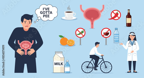Medical infographic showing a man with an overactive bladder and a doctor explaining triggers like coffee, alcohol, and spicy food.
