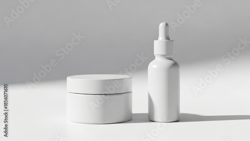 Two minimalist white cosmetic containers, a cream jar and a dropper bottle, on a clean white surface with subtle shadows.