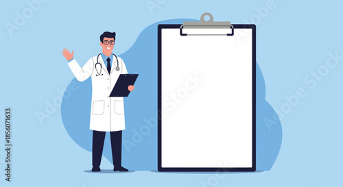 Friendly male doctor in a white coat and stethoscope standing next to a large blank clipboard for medical notes or health advice.