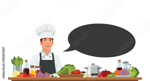 Smiling male chef in a uniform standing behind a kitchen counter full of fresh vegetables with a blank speech bubble for text.