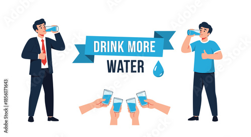 Health and wellness concept banner encouraging people to drink more water with illustrations of men drinking from bottles and glasses.
