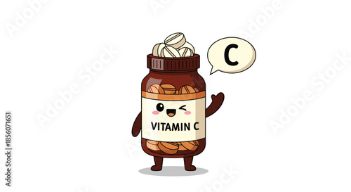 Cute cartoon character of a winking vitamin C supplement bottle full of tablets, promoting health, wellness, and immunity boost.