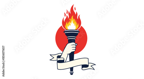Hand holding a flaming torch with a blank ribbon banner, symbolizing victory, freedom, and the spirit of competition or games.