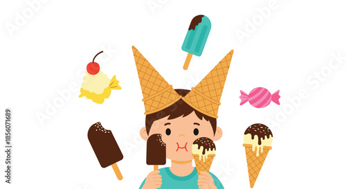 Playful little boy with ice cream cone horns enjoying various frozen treats like popsicles and sundaes on a hot summer day fun.