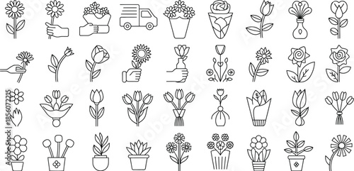 Black and white line of various flowers and potted plants