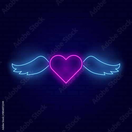 Pink neon heart with wings icon vector illustration