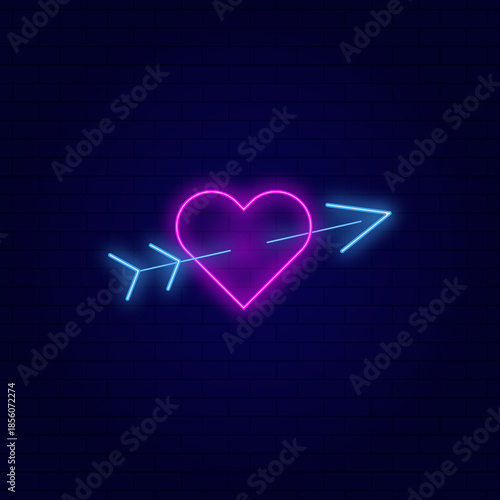 Pink neon heart with arrow icon vector illustration