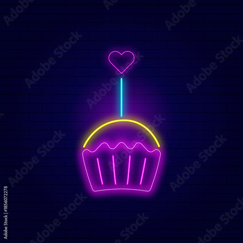Neon cupcake with heart vector illustration