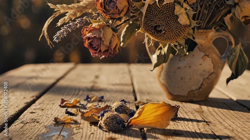 Wilting dried flowers shedding petals on a weathered wooden table in warm sunlight