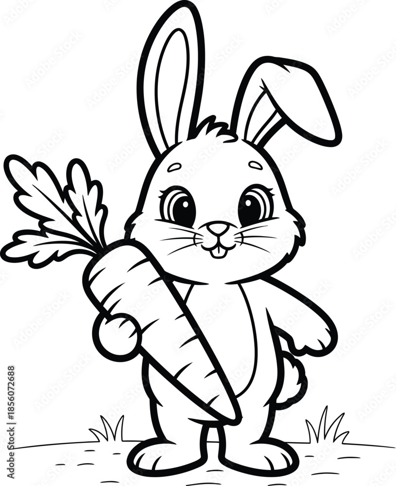 Fototapeta premium Cute cartoon rabbit holding a large carrot isolated on transparent background