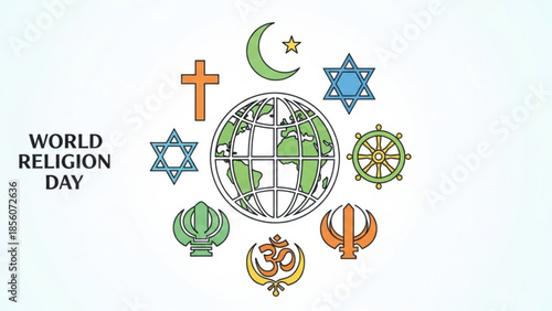 World religion day, diverse faith symbols, global spirituality, religious icons, cultural diversity, interfaith, ecumenical, spiritual
