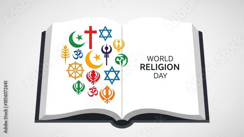 World religion day, open book with religious symbols and icons, representing diversity and unity of faiths, cultural and spiritual