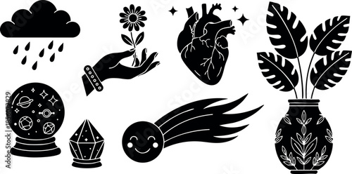 Hand holding flower with heart and plant in vase vector collection black icons 