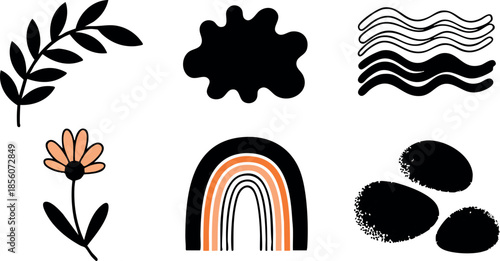 Minimalist black orange botanical and abstract shapes vector icons set for design