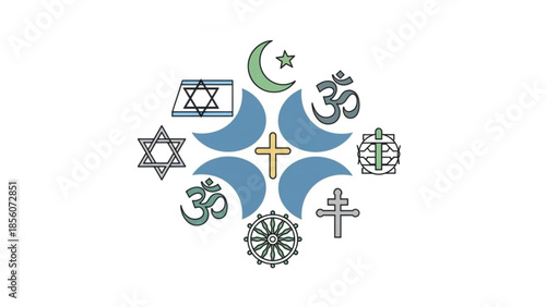 Diverse religious symbols on white background, including om, cross, star of david, crescent moon, wheel of dharma, christian, jewish